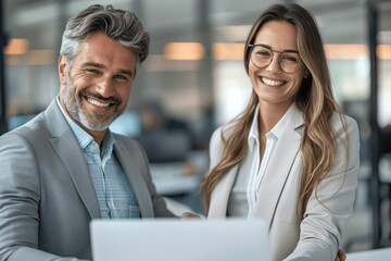 Obraz premium Smiling businesswoman handshaking with male executive in office. Successful deal and partnership at work.