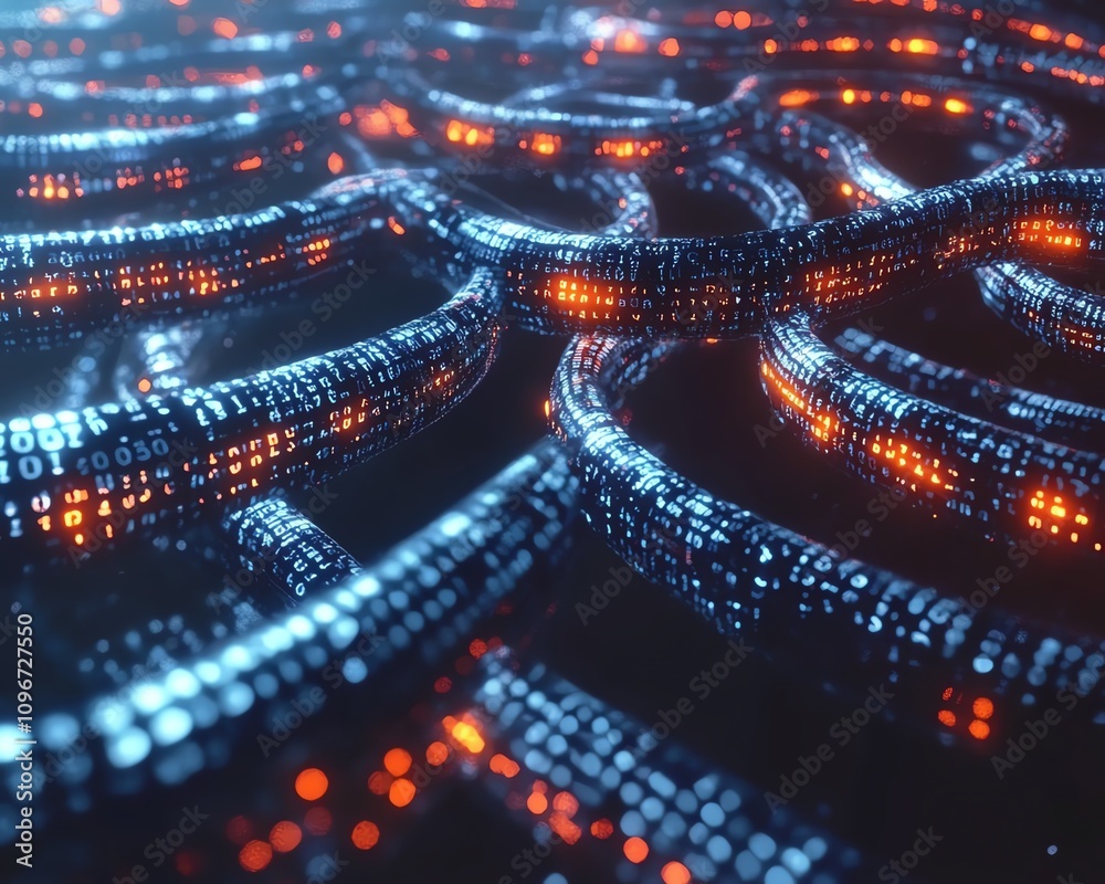 Poster cyber data streams and binary code strings, dark blue background with glowing virtual connections, 3