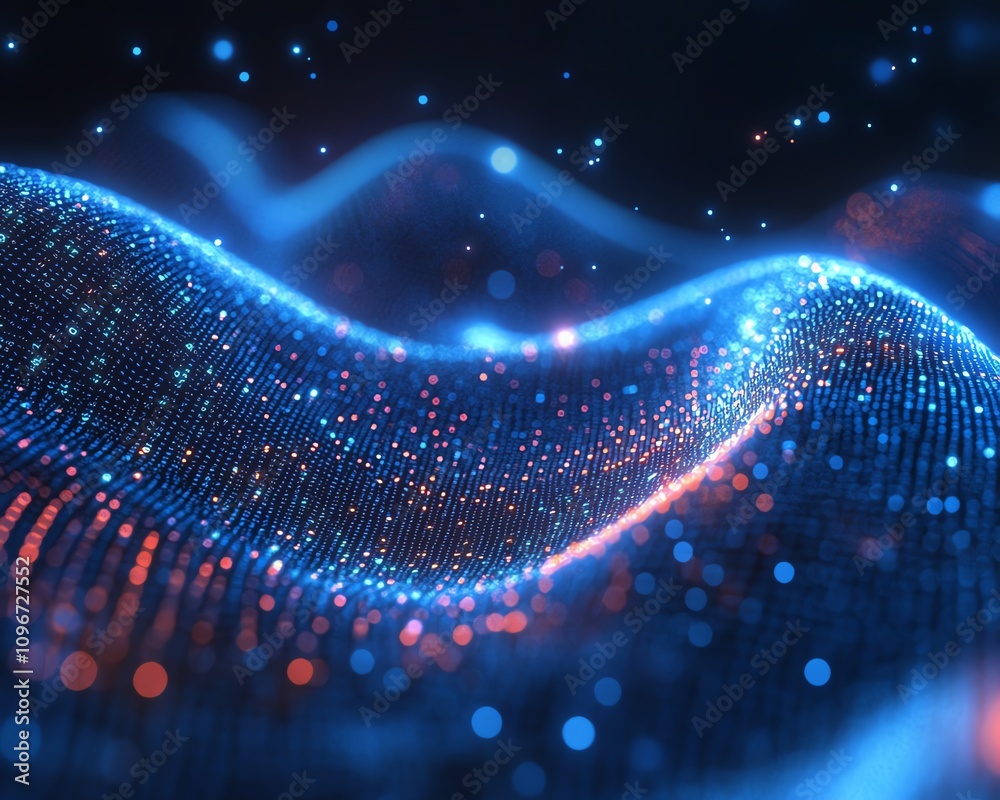 Poster cyber data streams and binary code strings, dark blue background with glowing virtual connections, 3