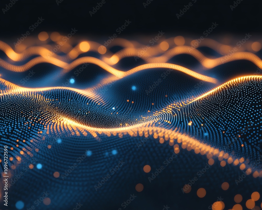Poster cyber data streams and binary code strings, dark blue background with glowing virtual connections, 3
