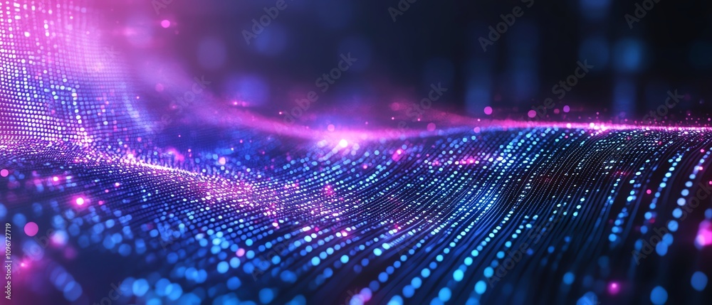Poster digital network connections and binary code flowing in cyberspace, dark blue futuristic background, 