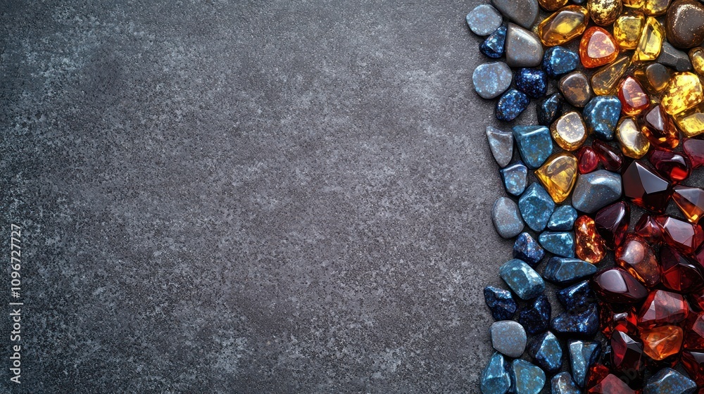 Poster a collection of colorful gemstones arranged on a textured surface.