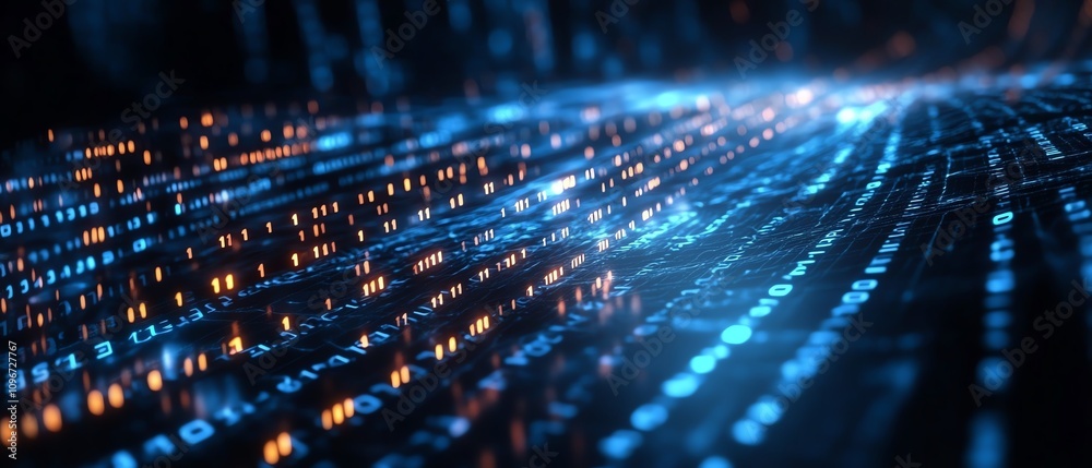 Poster digital network pathways with glowing binary code strings, dark blue cyberspace background, creative