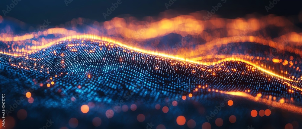 Poster digital network pathways with glowing binary code strings, dark blue cyberspace background, creative
