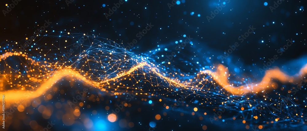 Poster digital network pathways with glowing binary code strings, dark blue cyberspace background, creative