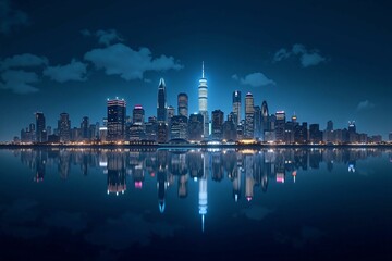 Obraz premium Nighttime Cityscape of Illuminated Skyscrapers Reflecting on a Calm Waterfront - Modern Urban Elegance