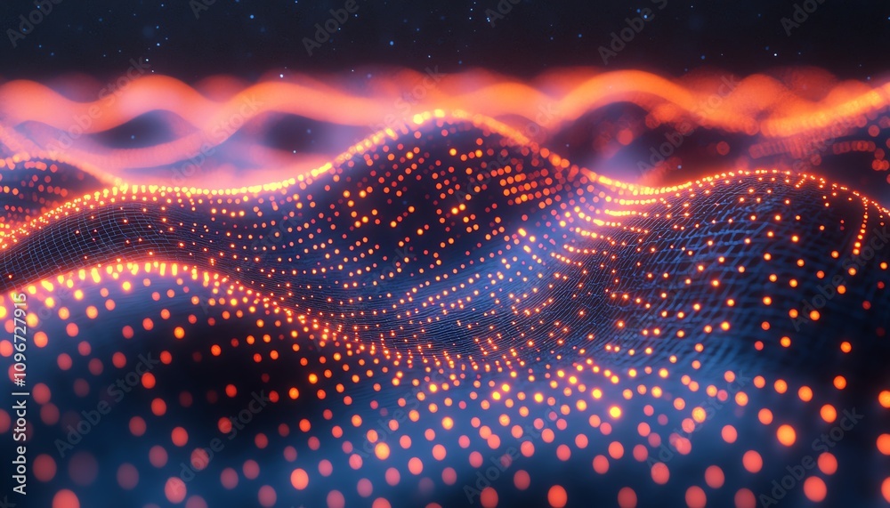 Poster futuristic digital data and network concept, glowing binary code strings on a dark blue backdrop, cy
