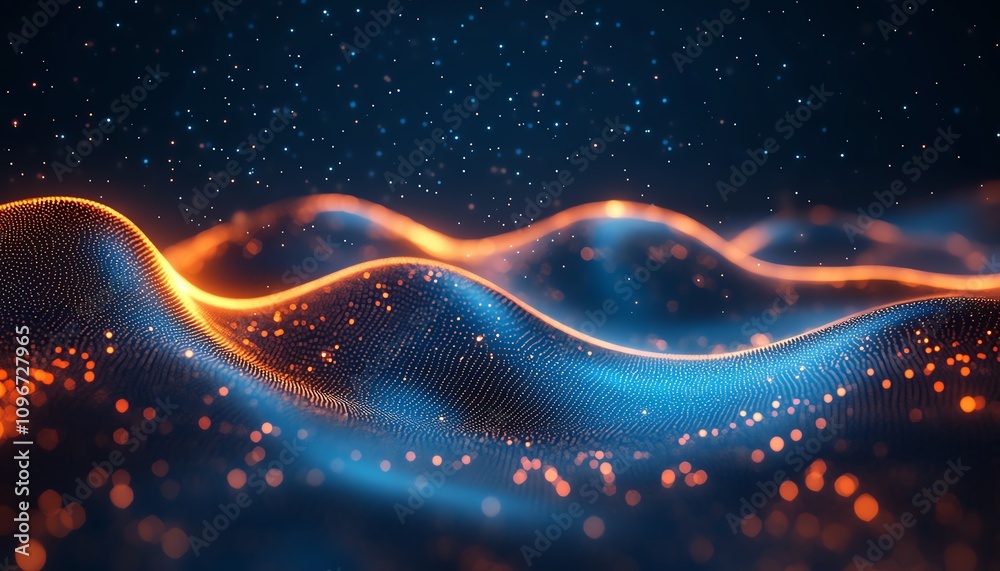 Poster futuristic digital data and network concept, glowing binary code strings on a dark blue backdrop, cy