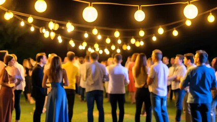Vibrant outdoor night gathering with festive string lights and lively crowd movement