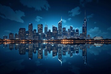 Obraz premium Iconic Urban Skyline of Chicago Reflecting Over Lake Michigan, Capturing the Beauty of Night Lights and Skyscrapers
