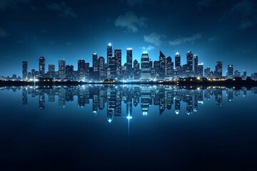 Obraz premium Elegant Urban Skyline at Night with Reflections on a Serene Lake - A Masterpiece of Modern Architecture