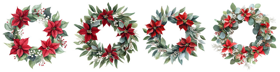Set of Christmas wreath of red poinsettia, eucalyptus, gum leaves, sage green, watercolor, isolated on a Transparent background