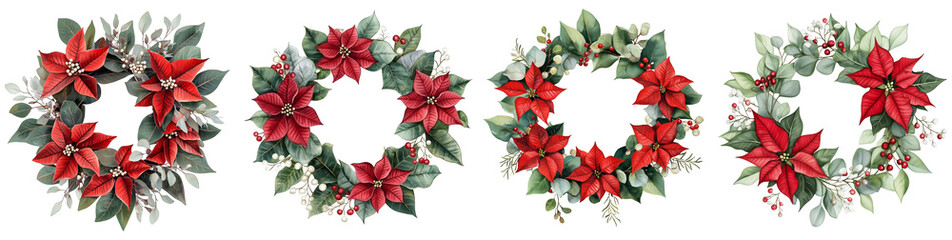 Set of Christmas wreath of red poinsettia, eucalyptus, gum leaves, sage green, watercolor, isolated on a Transparent background