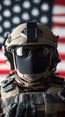 Fototapeta premium A soldier stands confidently in tactical gear against a backdrop of the American flag during a training exercise