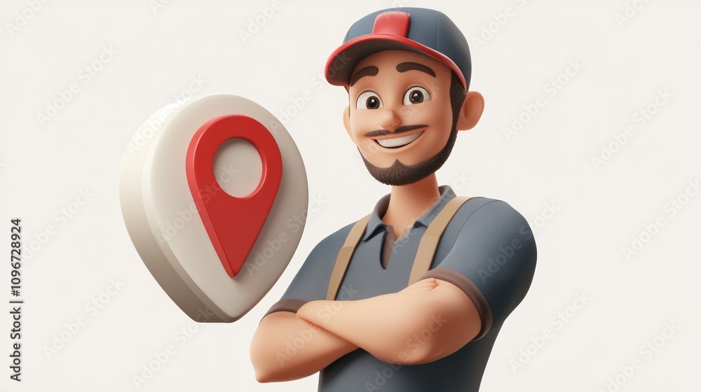 Poster A cheerful cartoon character with a location pin, symbolizing navigation or delivery services.