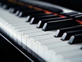 A close-up view of piano keys, showcasing the contrast between black and white keys, emphasizing the elegance of musical instrumentation.