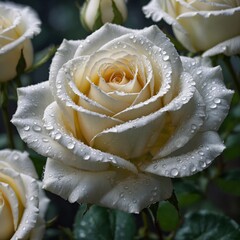 "A close-up of a white rose with delicate droplets of dew on its petals, against a soft blurred background."