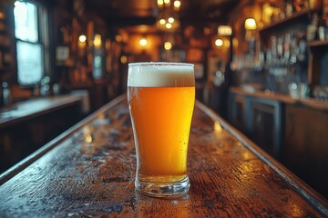 One frosted schooner of golden ale, sharp focus on the glass rim, blurred warm-lit pub counter.Frosted glass of pilsner with condensation.