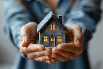 Woman holding miniature house on grey background Home Insurance Real Estate Investment Mortgage Loan Property Protection Agent Banking