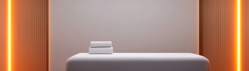 Minimalist spa room with a massage table and fresh towels, perfect for relaxation and rejuvenation.