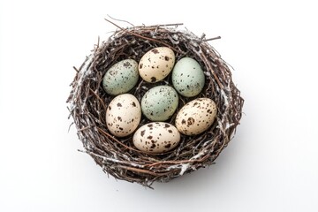 Obraz premium A realist depiction of a nest filled with four eggs resting on a clean, white surface