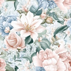 Obraz premium Pastel floral pattern with lilies and roses in soft tones