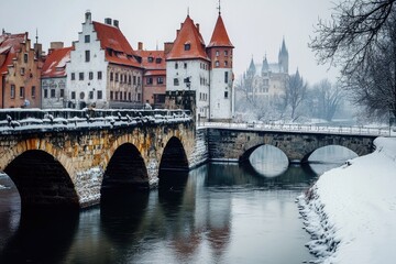 Fototapeta premium A serene scene of a bridge crossing a river, with a majestic castle visible in the background