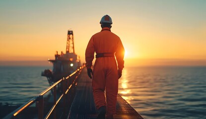 Fototapeta premium The worker, wearing an orange uniform and helmet, walks on the walkway of an oil production platform, with the ocean in the background during sunrise. 