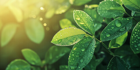 A close-up of vibrant green leaves with dew drops in the gentle morning sunlight, capturing the essence of tranquility and freshness in nature's beauty.