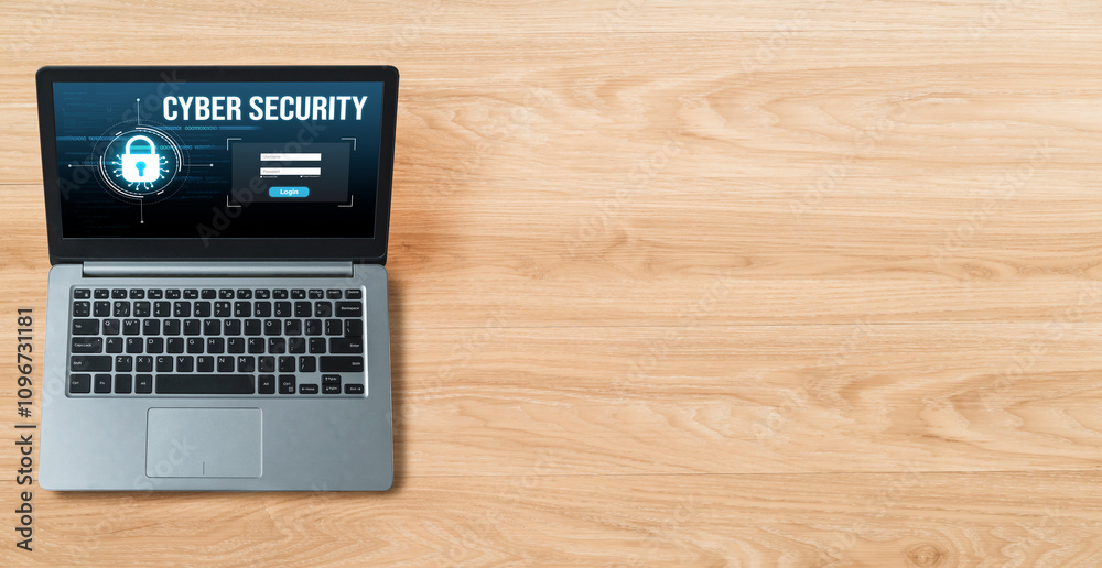 Poster cyber security system on computer screen protect private information snugly from hacker and cyber at
