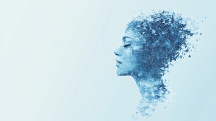 Abstract profile portrait of a woman dissolving into blue particles.