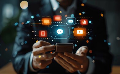 Businessman Using Smartphone Chatting Messaging Communication Concept Technology Social Network Live Chat Conversation Working at Home Chat Box Icons Pop Up Copy Space Social Media