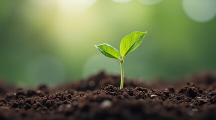 single green sprout emerging from rich soil, representing growth and new beginnings, potential for life and change
