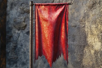 A red flag hangs from a pole next to a stone wall, suitable for warning or attention purposes