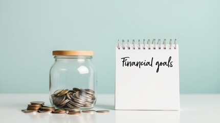savings jar filled with coins and a notepad with financial goals written on it, representing the journey toward achieving financial resolutions