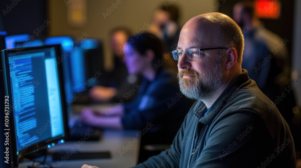 Poster A focused individual working at a computer in a tech environment.