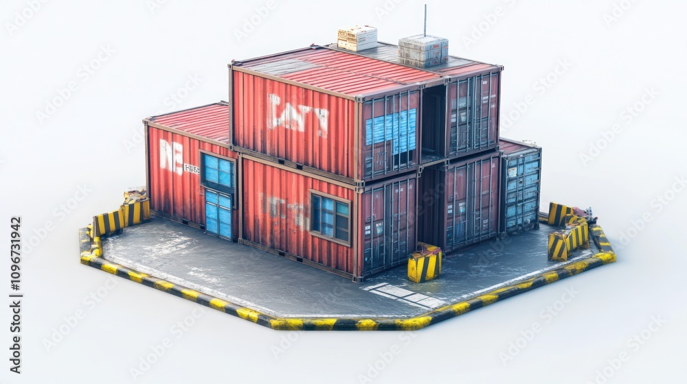 Poster a cluster of shipping containers arranged in a modern architectural design.