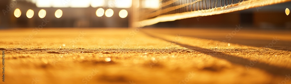 Poster a close-up view of a sandy volleyball court with a net and warm sunlight.