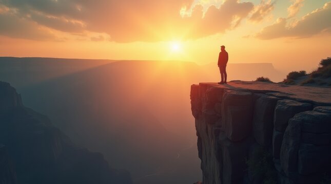 person standing at the edge of a cliff, looking out over a vast landscape at sunrise, symbolizing personal transformation, courage to embrace change