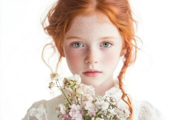 Naklejka premium A young girl with freckles holds a bouquet of colorful flowers, perfect for a children's birthday party or spring-themed image