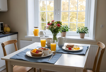 Breakfast for two served on the kitchen table with food and drinks in the morning.