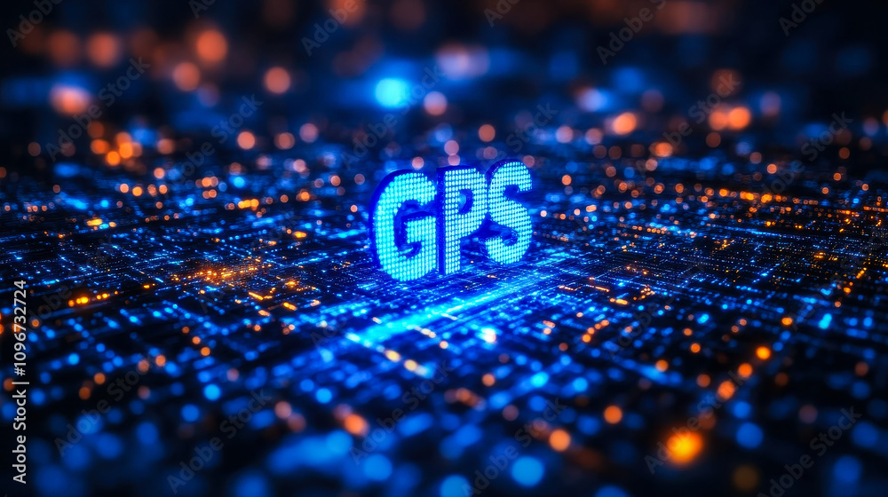 Poster digital matrix binary code forming gps acronym representing global positioning system technology con
