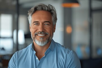 Obraz premium Portrait of a Happy Confident Middle-Aged Businessman in Blue Shirt Smiling in Office
