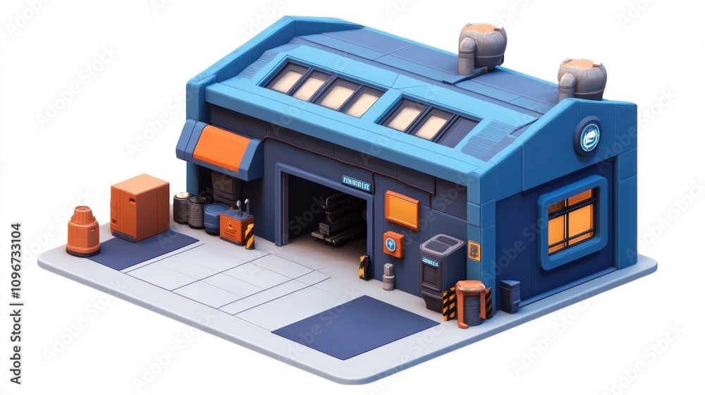 Poster A stylized industrial building with an open garage and various storage items outside.