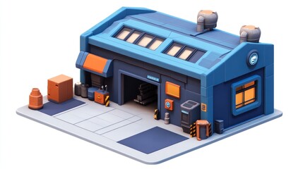 A stylized industrial building with an open garage and various storage items outside.