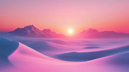 Fototapeta premium Pink sunset over snowy mountains and dunes.
