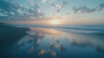 Fototapeta premium Serene sunset reflecting on tranquil beach, ocean waves gently lapping the shore.