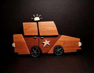 3d cute wooden police car toy in black background