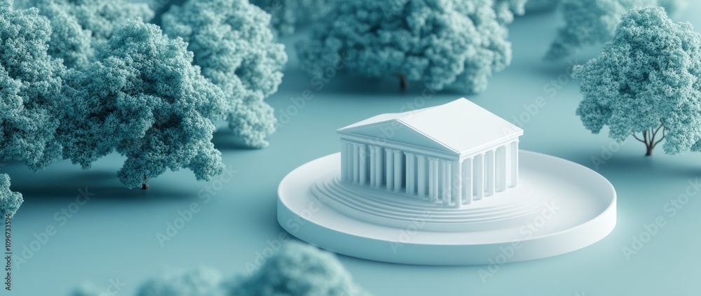 Poster a minimalist white building surrounded by stylized trees on a soft blue background.