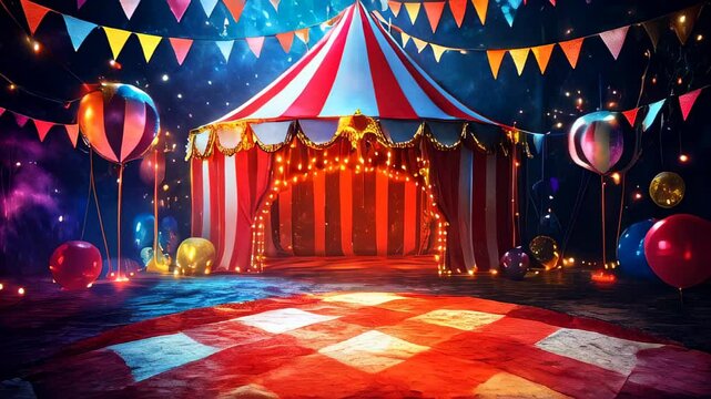 Colorful circus tent with festive decorations and bright lights set for an evening celebration